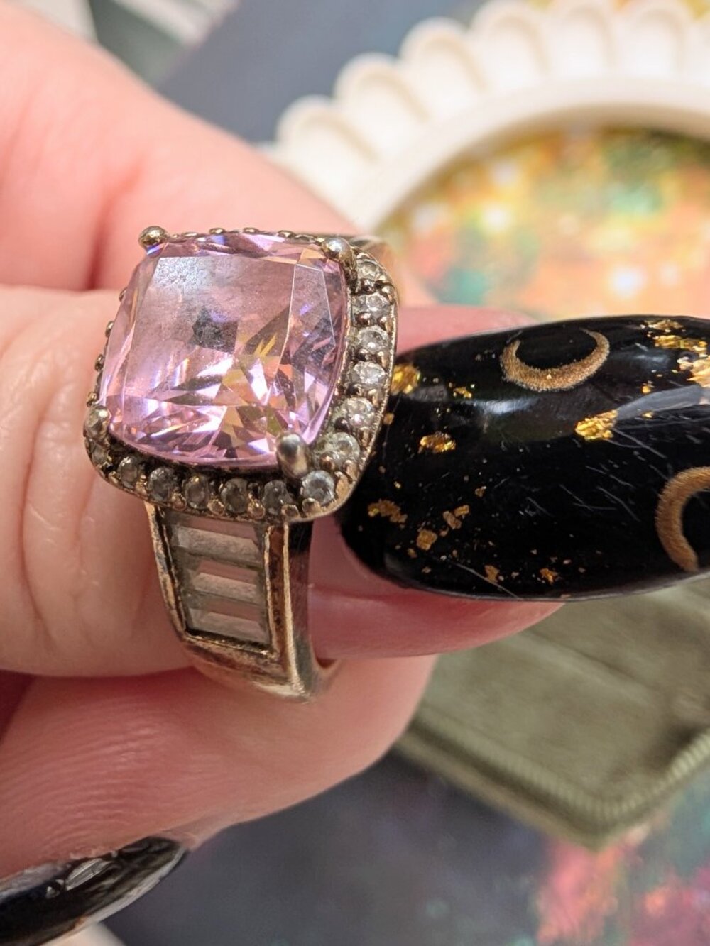 Vintage Sparkling Princess Cut Pink & Clear CZ Sterling Silver Ring, Size 8 - Picture 7 of 16